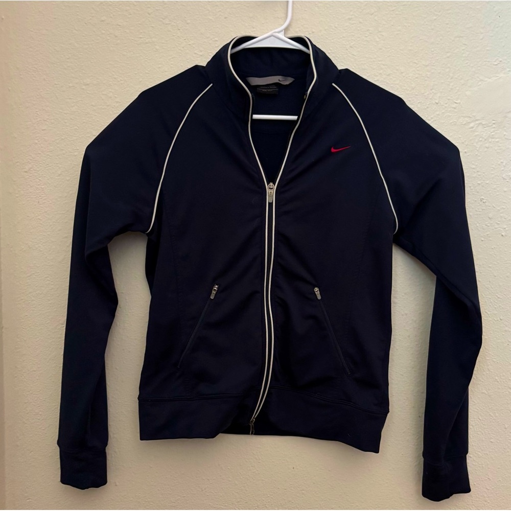 Nike Women’s Track Jacket Sz Small Navy Full Zip white Piping Retro Logo Swoosh